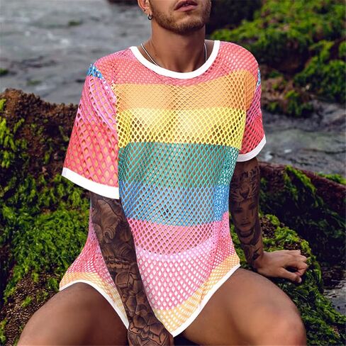 Black Sexy Fishnet See Through T Shirt Men 2022 Short Sleeve Workout T Shirt Men Mesh Transparent Tee Shirt in Saudi Arabia
