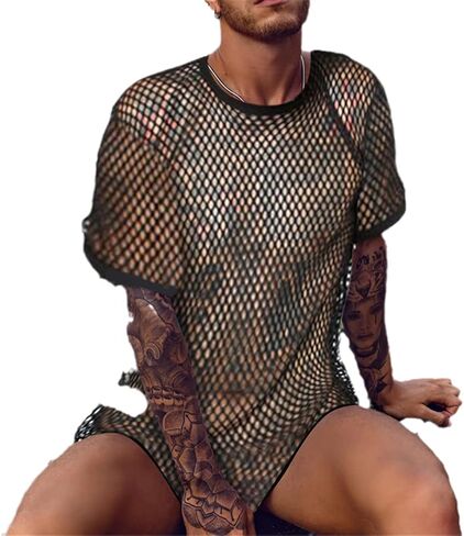 Black Sexy Fishnet See Through T Shirt Men 2022 Short Sleeve Workout T Shirt Men Mesh Transparent Tee Shirt in Kuwait