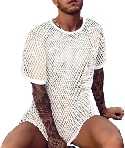 Black Sexy Fishnet See Through T Shirt Men 2022 Short Sleeve Workout T Shirt Men Mesh Transparent Tee Shirt in Saudi Arabia