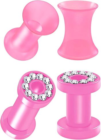 BIG GAUGES 2 Pairs Pink Silicone Clear Crystal Acrylic Double Flared Saddle Piercing Stretcher Ear Earring Flesh Screw Tunnel Lobe Plugs in Saudi Arabia