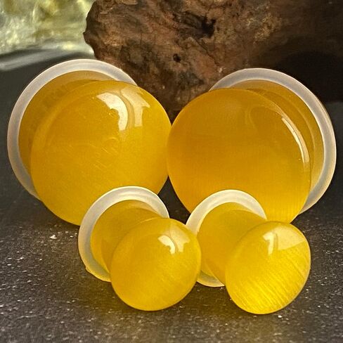 Pair of Yellow Cat Eye Stone Single Flare Plugs (STN-723) in Saudi Arabia