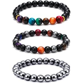 SOOWOOT 3Pcs Tiger Eye Mens Bracelets - 8mm Hematite Black Obsidian Tiger Eye Stone Bracelets Triple Protection Healing Crystals Bracelet Jewelry for Protection Bring Luck And Prosperity in Kuwait
