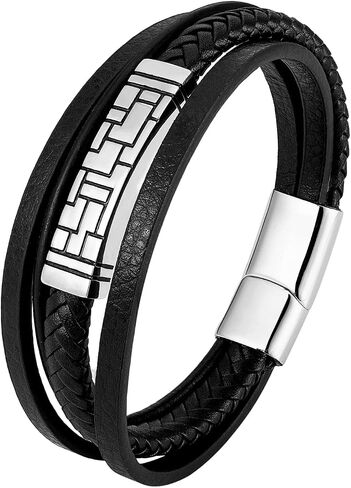 Fahonie Men Leather Bracelet 316L Stainless Steel Classic Multi-layer Bracelet Jewelry,8.5 Inches(21.5CM) in Saudi Arabia