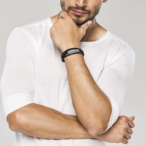 سوار جلدي للرجال من Fahonie 316L من الفولاذ المقاوم للصدأ مجوهرات كلاسيكية متعددة الطبقات، 8.5 بوصة (21.5 سم) in Kuwait