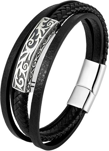 سوار جلدي للرجال من Fahonie 316L من الفولاذ المقاوم للصدأ مجوهرات كلاسيكية متعددة الطبقات، 8.5 بوصة (21.5 سم) in Kuwait