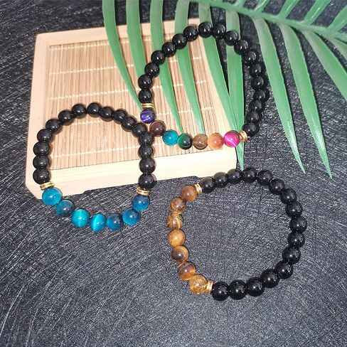 SOOWOOT 3Pcs Tiger Eye Mens Bracelets - 8mm Hematite Black Obsidian Tiger Eye Stone Bracelets Triple Protection Healing Crystals Bracelet Jewelry for Protection Bring Luck And Prosperity in Kuwait