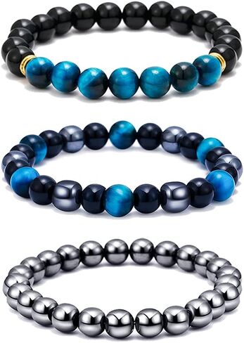 SOOWOOT 3Pcs Tiger Eye Mens Bracelets - 8mm Hematite Black Obsidian Tiger Eye Stone Bracelets Triple Protection Healing Crystals Bracelet Jewelry for Protection Bring Luck And Prosperity in Kuwait