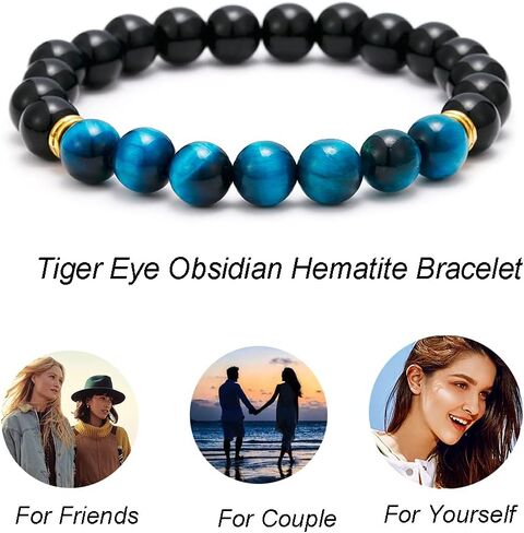 SOOWOOT 3Pcs Tiger Eye Mens Bracelets - 8mm Hematite Black Obsidian Tiger Eye Stone Bracelets Triple Protection Healing Crystals Bracelet Jewelry for Protection Bring Luck And Prosperity in Kuwait