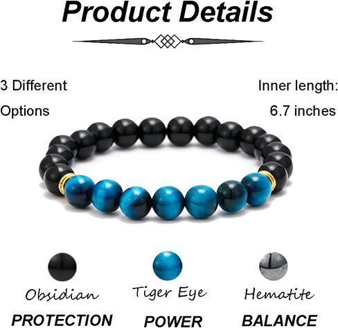 SOOWOOT 3Pcs Tiger Eye Mens Bracelets - 8mm Hematite Black Obsidian Tiger Eye Stone Bracelets Triple Protection Healing Crystals Bracelet Jewelry for Protection Bring Luck And Prosperity in Kuwait