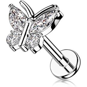 Amelia Fashion 16GA CZ Butterfly Top on Internally Threaded 316L Surgical Steel Flat Back Stud for Labret, Monroe, Cartilage and More (Choose Color) in Saudi Arabia