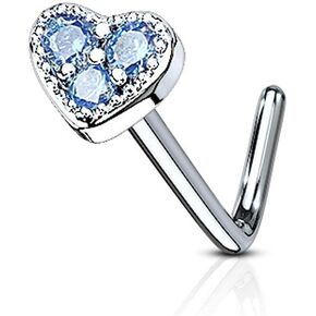 Covet Jewelry 3 CZ Paved Heart 316L Surgical Steel L Bend Nose Stud Rings in Saudi Arabia