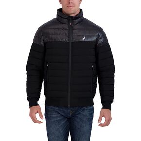 Nautica Men's Mixed Media Quilted Bomber Jacket Water Resistant Long Sleeve Zip Up Coat