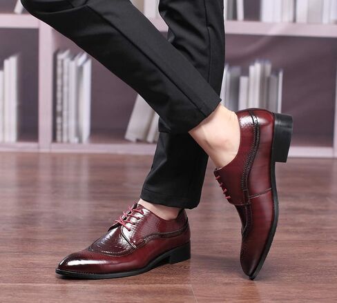 Oxford Shoes Men Brogue Pointed Toe Wingtip Lace-up Leather Formal Dress Shoes Black Tan Red in Kuwait