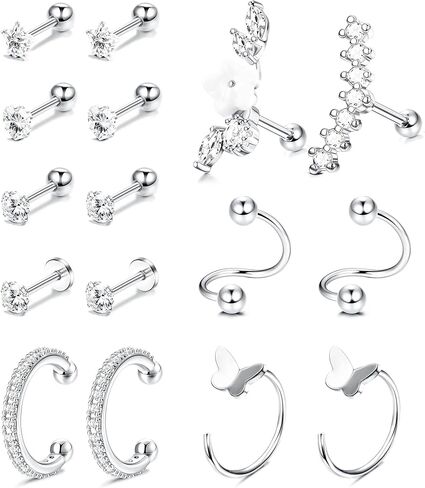 Drperfect 16Pcs Cartilage Earrings for Women Men Stainless Steel Cubic Zirconia Cartilage Stud Hoop Helix Conch Tragus Piercing Jewelry in Saudi Arabia