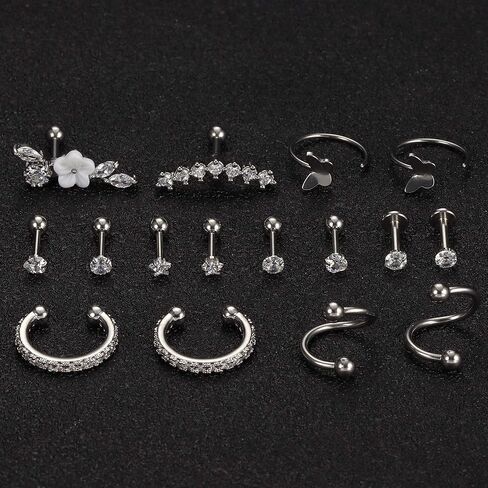 Drperfect 16Pcs Cartilage Earrings for Women Men Stainless Steel Cubic Zirconia Cartilage Stud Hoop Helix Conch Tragus Piercing Jewelry in Saudi Arabia