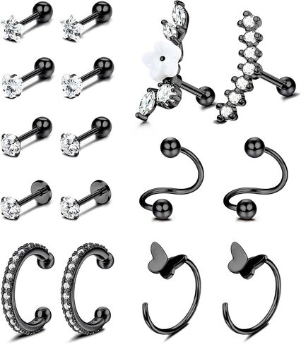 Drperfect 16Pcs Cartilage Earrings for Women Men Stainless Steel Cubic Zirconia Cartilage Stud Hoop Helix Conch Tragus Piercing Jewelry in Saudi Arabia