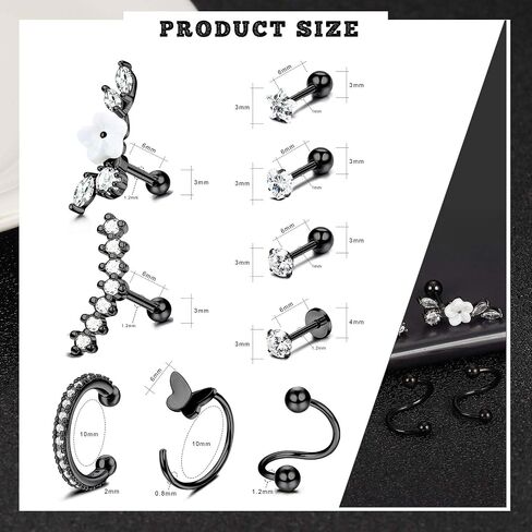 Drperfect 16Pcs Cartilage Earrings for Women Men Stainless Steel Cubic Zirconia Cartilage Stud Hoop Helix Conch Tragus Piercing Jewelry in Saudi Arabia