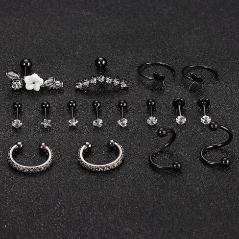 Drperfect 16Pcs Cartilage Earrings for Women Men Stainless Steel Cubic Zirconia Cartilage Stud Hoop Helix Conch Tragus Piercing Jewelry in Saudi Arabia