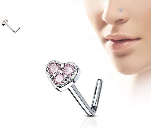 Covet Jewelry 3 CZ Paved Heart 316L Surgical Steel L Bend Nose Stud Rings in Kuwait