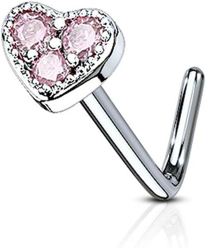 Covet Jewelry 3 CZ Paved Heart 316L Surgical Steel L Bend Nose Stud Rings in Kuwait