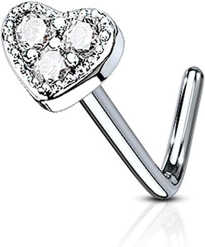 Covet Jewelry 3 CZ Paved Heart 316L Surgical Steel L Bend Nose Stud Rings in Kuwait