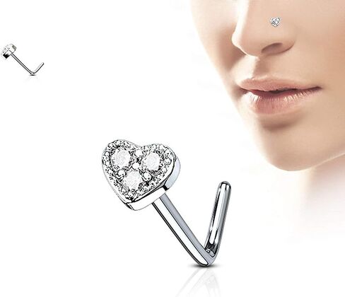 Covet Jewelry 3 CZ Paved Heart 316L Surgical Steel L Bend Nose Stud Rings in Kuwait