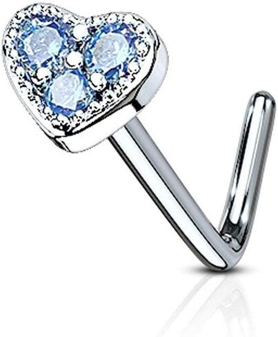 Covet Jewelry 3 CZ Paved Heart 316L Surgical Steel L Bend Nose Stud Rings in Saudi Arabia