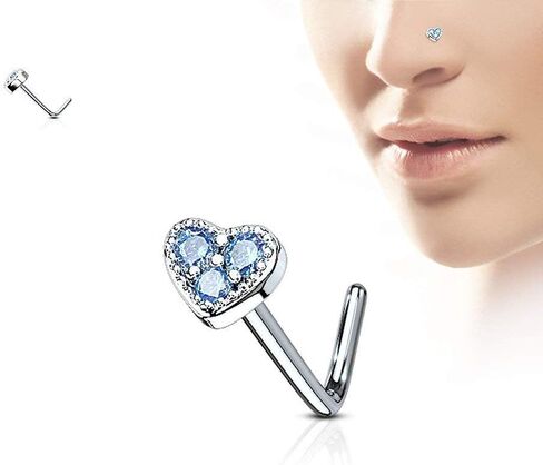 Covet Jewelry 3 CZ Paved Heart 316L Surgical Steel L Bend Nose Stud Rings in Saudi Arabia
