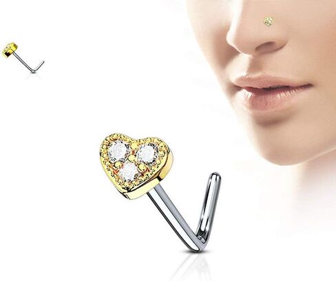 Covet Jewelry 3 CZ Paved Heart 316L Surgical Steel L Bend Nose Stud Rings in Kuwait