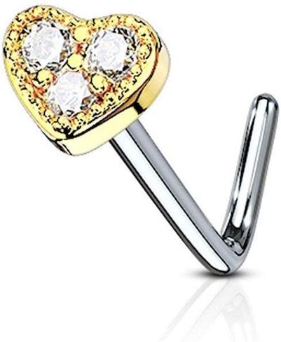 Covet Jewelry 3 CZ Paved Heart 316L Surgical Steel L Bend Nose Stud Rings in Kuwait