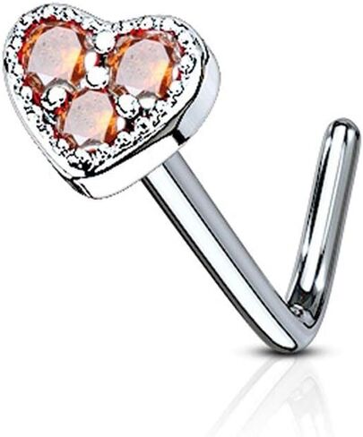 Covet Jewelry 3 CZ Paved Heart 316L Surgical Steel L Bend Nose Stud Rings in Kuwait