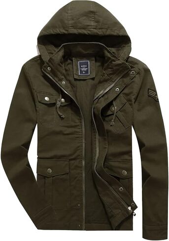 HIJEWE Men's Cotton Military Jackets Lightweight Canvas Lapel Cargo Coat Casual Outerwear with Detachable Hood in Saudi Arabia