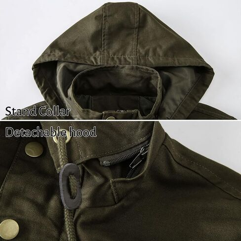 HIJEWE Men's Cotton Military Jackets Lightweight Canvas Lapel Cargo Coat Casual Outerwear with Detachable Hood in Saudi Arabia