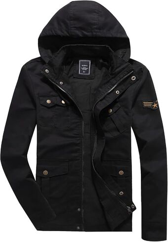 HIJEWE Men's Cotton Military Jackets Lightweight Canvas Lapel Cargo Coat Casual Outerwear with Detachable Hood in Saudi Arabia