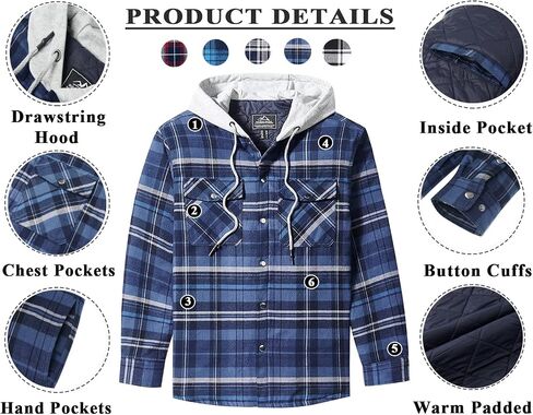 KEFITEVD Men's Flannel Shirt Jacket Winter Warm Long Sleeve Quilted Lined Plaid Coats Soft Button Down Thick Shirts with Hood in Saudi Arabia