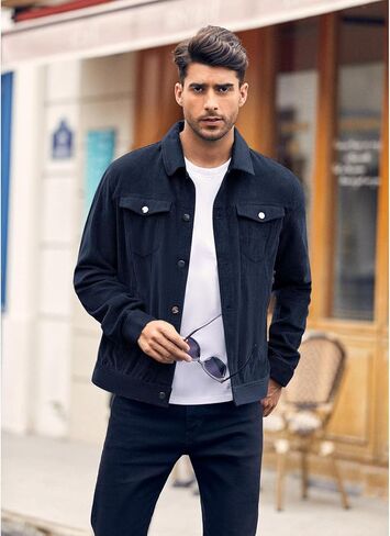 Mens Corduroy Trucker Jacket Slim Fit Button Down Fall Winter Coat in Saudi Arabia