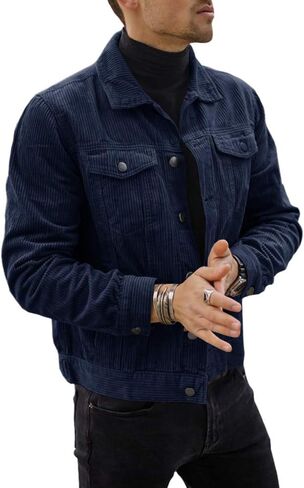 Mens Corduroy Trucker Jacket Slim Fit Button Down Fall Winter Coat in Saudi Arabia