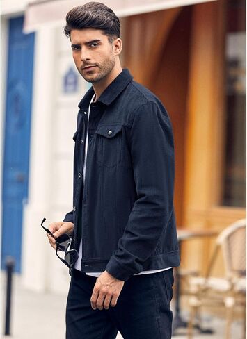 Mens Corduroy Trucker Jacket Slim Fit Button Down Fall Winter Coat in Saudi Arabia