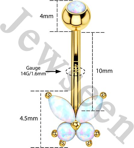 JEWSEEN 14K حلقات البطن أوبال حلقات زر البطن 14G الصلبة الذهب السرة ثقب المجوهرات فراشة تشيكوسلوفاكيا زر البطن ثقب البطن ثقب المجوهرات in Kuwait