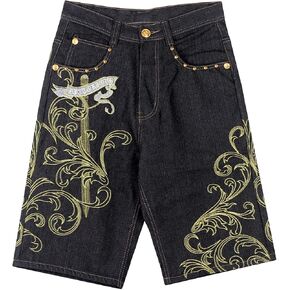 Men's Hip Hop Embroidery Long Jean Shorts Plus Size Loose Denim Short Personality Trendy Baggy Skateboard Jeans Short (Black,40) in Saudi Arabia
