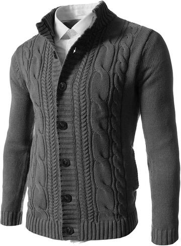 Men's Classical Retro Ribbed Longline Button Down Dress Cardigan Long Sleeve Stand Collar Winter Work Sweater in Kuwait