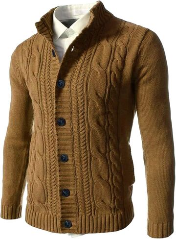 Men's Classical Retro Ribbed Longline Button Down Dress Cardigan Long Sleeve Stand Collar Winter Work Sweater in Kuwait