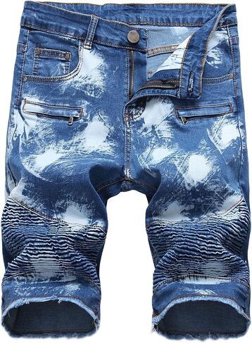 chouyatou Men's Summer Cool Stylish Wrinkle Performance Moto Ripped Denim Shorts in Saudi Arabia