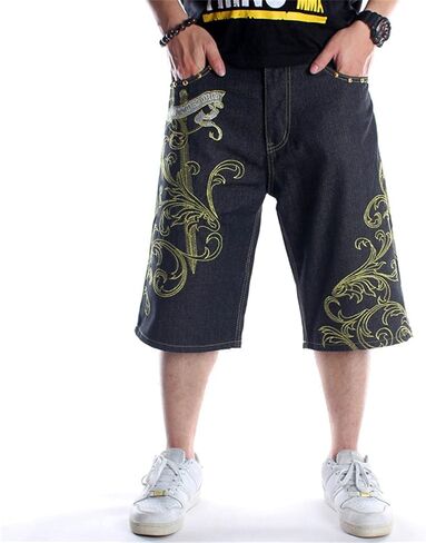 Men's Hip Hop Embroidery Long Jean Shorts Plus Size Loose Denim Short Personality Trendy Baggy Skateboard Jeans Short (Black,40) in Saudi Arabia
