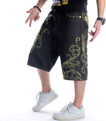 Men's Hip Hop Embroidery Long Jean Shorts Plus Size Loose Denim Short Personality Trendy Baggy Skateboard Jeans Short (Black,40) in Saudi Arabia
