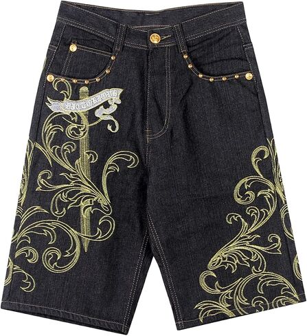 Men's Hip Hop Embroidery Long Jean Shorts Plus Size Loose Denim Short Personality Trendy Baggy Skateboard Jeans Short (Black,40) in Saudi Arabia