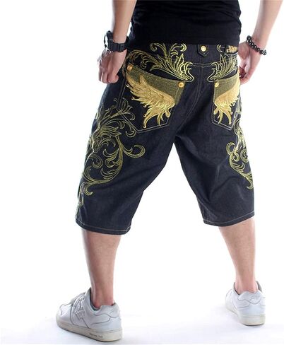 Men's Hip Hop Embroidery Long Jean Shorts Plus Size Loose Denim Short Personality Trendy Baggy Skateboard Jeans Short (Black,40) in Saudi Arabia