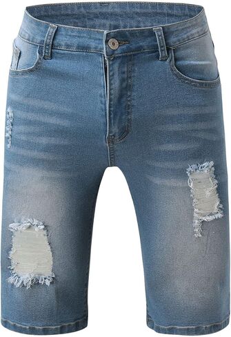 Men's Classic Fit Ripped Jean Shorts Stretch Button Washed Distressed Denim Short Frayed Raw Hem Pocket Biker Shorts in Saudi Arabia