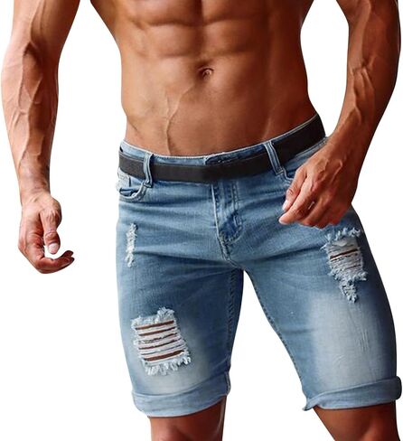 Men's Classic Fit Ripped Jean Shorts Stretch Button Washed Distressed Denim Short Frayed Raw Hem Pocket Biker Shorts in Saudi Arabia