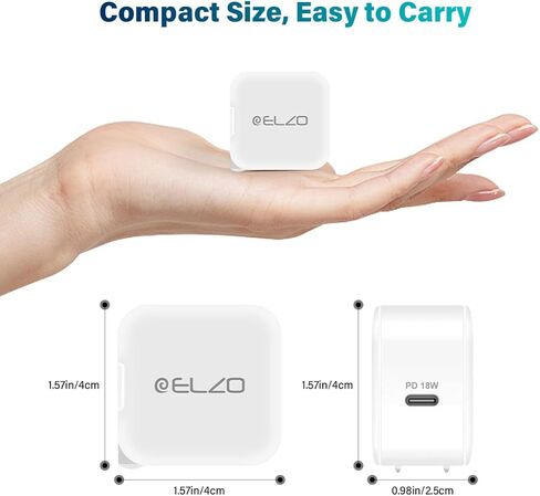 شاحن Elzo USB C بقدرة 18 وات PD 3.0 محول شاحن جداري سريع توصيل الطاقة محمول، متوافق مع iPhone 13/12 Pro/Max/Mini/11/X/XS/XR/8/Plus، Galaxy S21/S20/S10/S9، Pixel 6 /5/4a/4/3a، آيباد برو in Kuwait